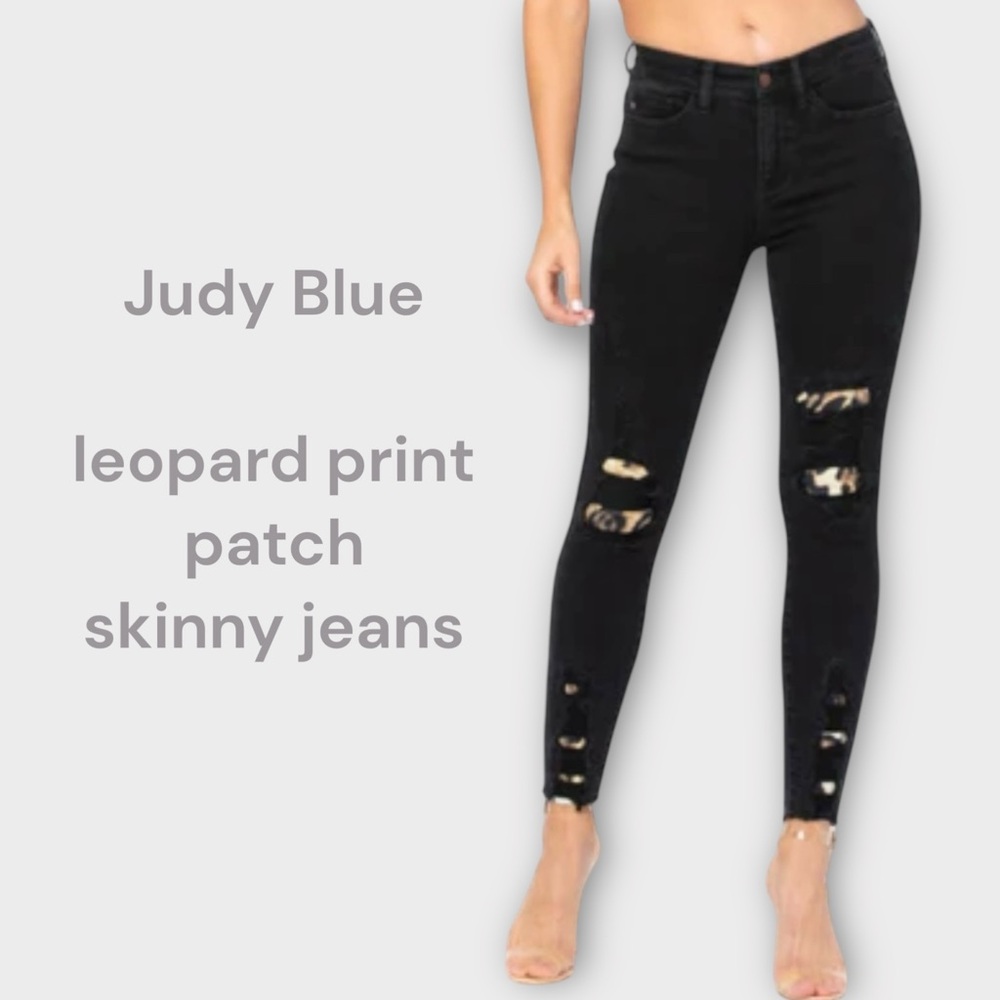 Judy Blue black leopard patch distressed skinny jeans 7/28 mid-rise chic 82168